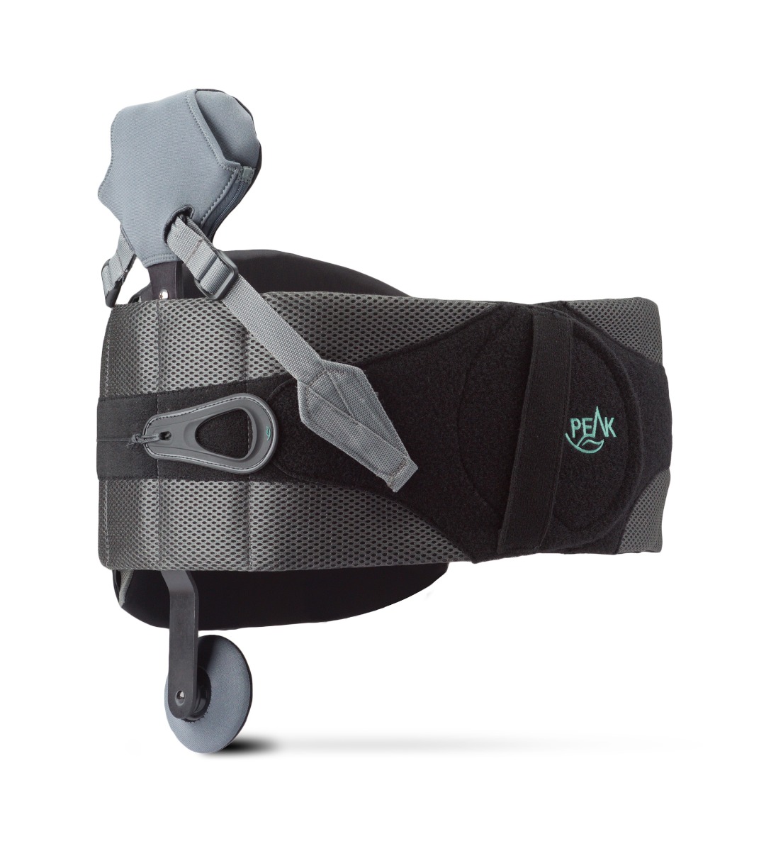 The Aspen Peak scoliosis unloader brace — front view showing the adjustable strut, tightening handle, and low-profile panels